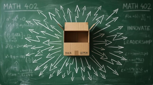 Cardboard Box with Arrows Pointing Outward on a Chalkboard.