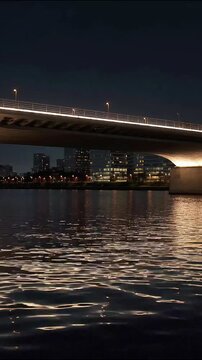 Nighttime cityscape with illuminated modern bridge spanning across a calm river and city lights reflecting on the water surface