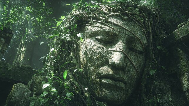 An old statue with vines wrapped around it.