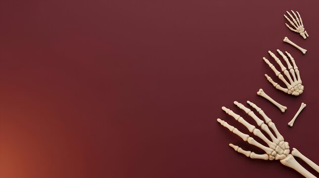 Skeleton hands and arm bones arranged on a dark red background