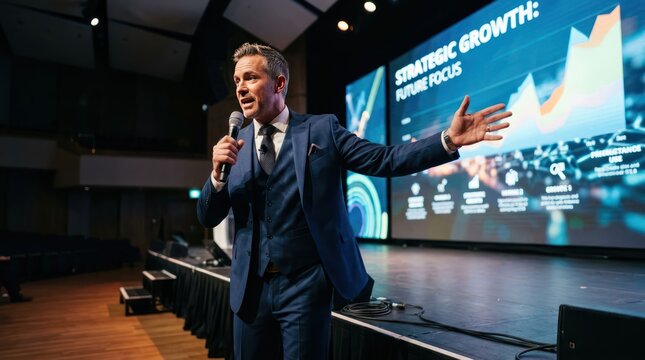 Confident Businessman Delivers Engaging Presentation on Strategic Growth to Audience.