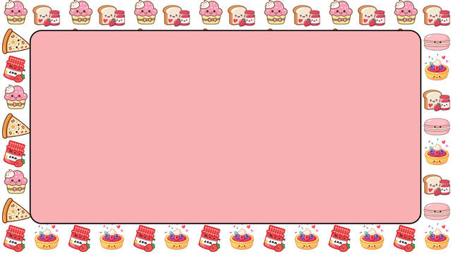 Kawaii food frame with cute dessert characters, pink stationery border for kids, sweet snack illustration background