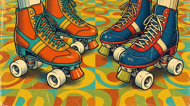 A vibrant digital illustration featuring a pair of colorful retro roller skates standing on a patterned floor with vintage disco aesthetic