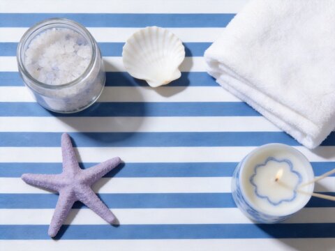 Cozy self care kit flat lay on marble background, lifestyle