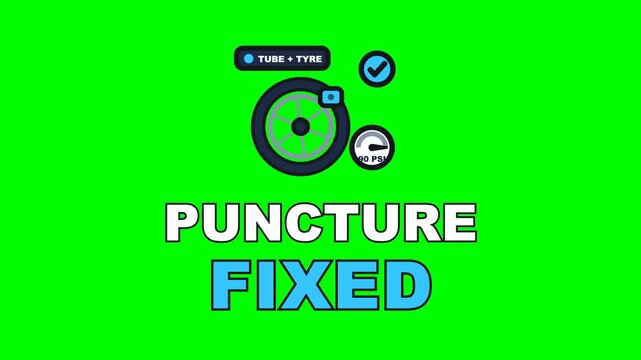 4K green screen PUNCTURE FIXED animated text - the patch pressing on as the tyre pumps up, kinetic typography bike shop overlay for cycle repair content and social media, chroma key