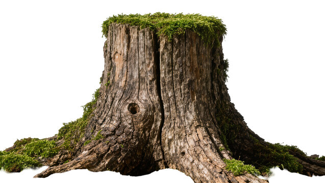 Rough textured old tree stump covered with green moss, isolated on transparent background