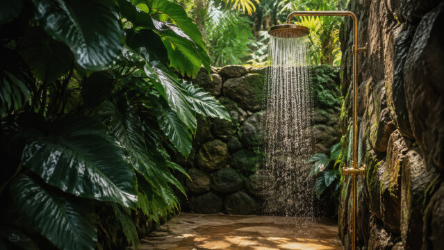 Outdoor rain shower with golden fixture surrounded by lush green tropical plants in jungle lodge