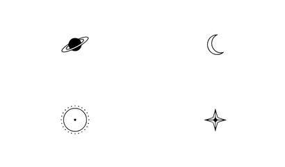 Set of four minimalist celestial icons including saturn planet crescent moon sun and star with magic star astrology set space elements witchy symbols minimalist astronomy line art sun symbol © Shamim