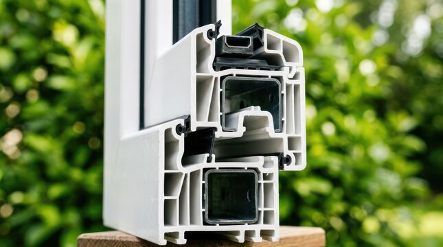 Cross section of a modern white uPVC window frame showing internal structure and insulation properties.