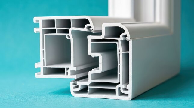 Cross section of a white PVC window frame profile on a teal background.