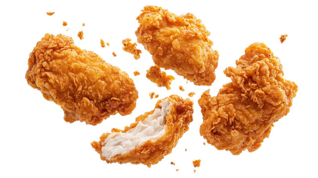 Crispy golden fried chicken wings flying with falling crumbs isolated on a transparent background