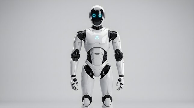 Futuristic white humanoid robot standing on studio background. Advanced artificial intelligence android. Sleek robotic character for tech concepts.