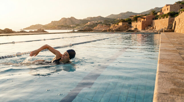 Woman swimming freestyle in an outdoor pool surrounded by mountains and tiles