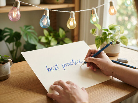 Hands writing best practice notes under a string of warm Edison light bulbs