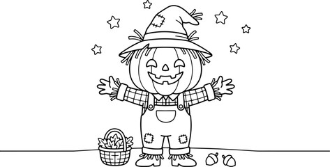 Fototapeta premium A festive halloween coloring page featuring a cute pumpkin scarecrow character standing with open arms for children to color