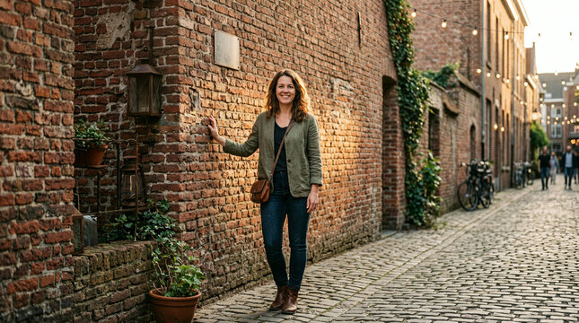 Woman leaning on a brick wall in a narrow cobblestone street at golden hour