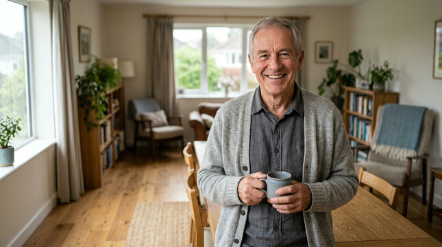 Older man holding a ceramic mug at a wooden table in a bright living room