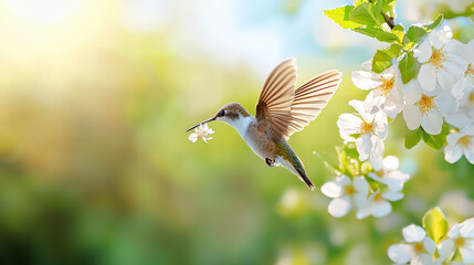 Fototapeta premium Hummingbird gracefully hovers near delicate white flowers, showcasing its vibrant feathers and intricate wing patterns in serene garden setting