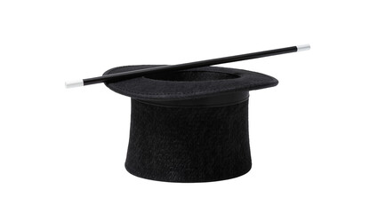 Black top hat with magic wand resting on brim, isolated on transparent background © Marta