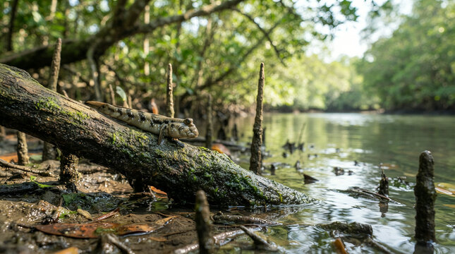 Mudskipper resting on a mossy fallen log in a green mangrove swamp in soft daylight