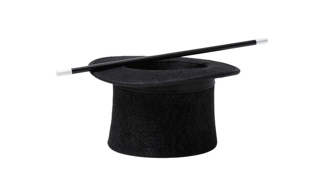 Black top hat with magic wand resting on brim, isolated on transparent background