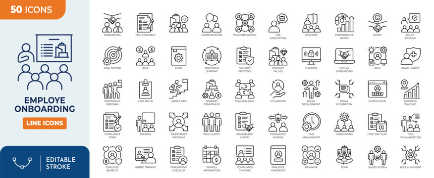employee onboarding icon set. COntaining employee, onboarding, orientation, training, introduction, welcome, handbook, briefing, and more. Editable stroke. Vector illustration