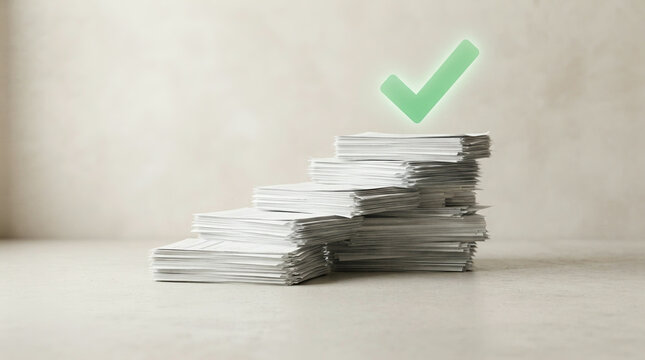 Stepped stack of white documents below a hovering green checkmark symbol