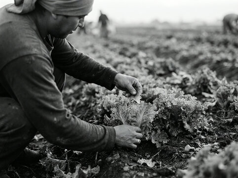 Person kneels in a field of leafy greens reaching toward a lettuce plant leaf