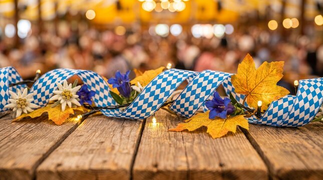 Decorative wooden table with blue and white checkered ribbon, autumn leaves and seasonal flowers, with blurred people celebrating in the background, capturing a traditional Bavarian festival mood