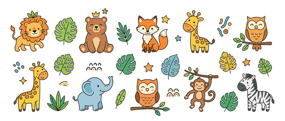 Fototapeta premium Cute cartoon safari animals and jungle leaves, isolated