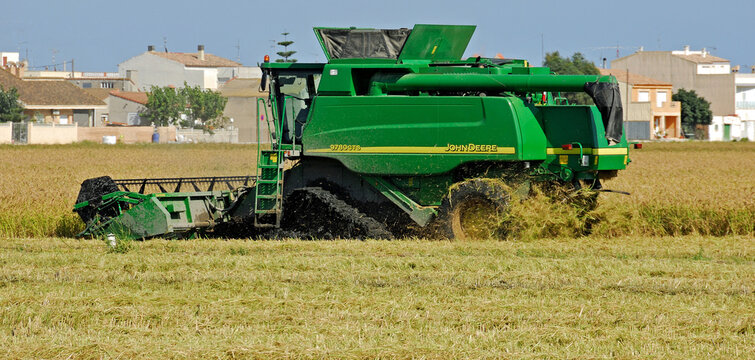 John Deere combine harvester harvesting rice in field. Tarragona - Spain