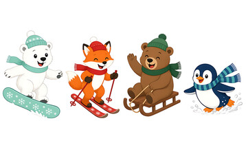 Fototapeta premium Cute cartoon animals having fun with winter sports like skiing snowboarding and sledding