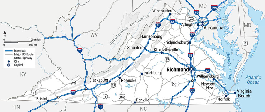 Map of Virginia showing major highways and cities