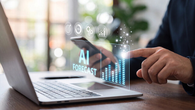 Businessman using smartphone with ai forecast business analytics and data visualization interface on virtual screen