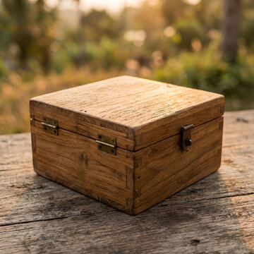 Vintage Wooden Box with Metal Latches on Rustic Surface.