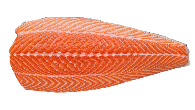 Raw salmon fillet with visible skin texture, isolated on transparent background