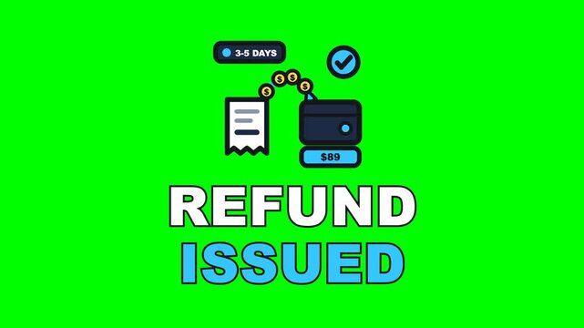 4K green screen REFUND ISSUED animated text - the coins running back up into the wallet, kinetic typography banking and payments overlay for finance content and social media, chroma key