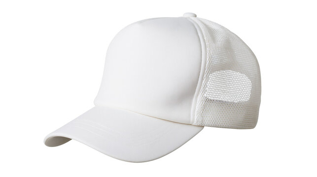 Plain white trucker hat with mesh side panels, isolated on transparent background