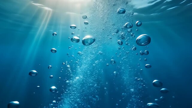 A cascade of bubbles rises through the deep blue ocean, illuminated by ethereal rays of sunlight piercing the water.