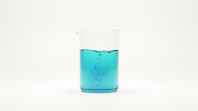 Clear glass beaker filled with bright blue liquid against transparent background