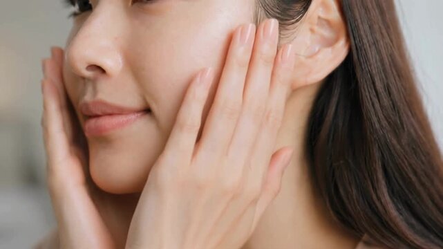 頬に触れて肌の状態を確かめる若い女性のクローズアップ