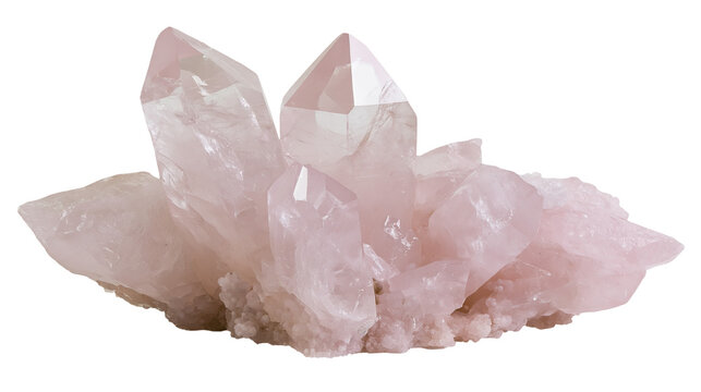 Cluster of pale pink rose quartz crystals faceted and rough, isolated on transparent background