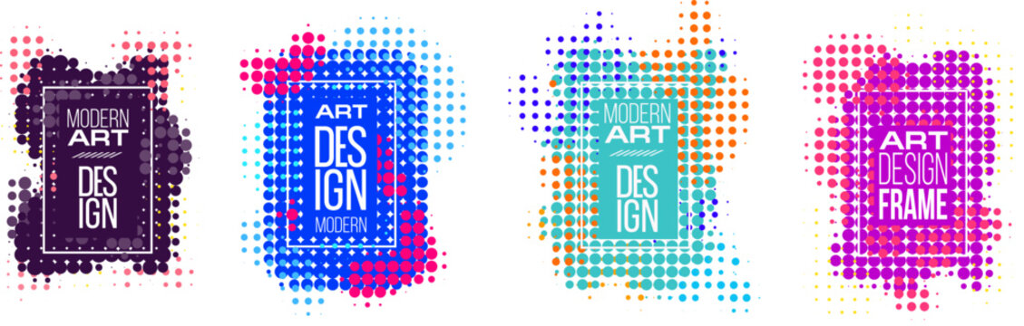 Set of four colorful modern art poster frames with abstract halftone dot patterns and bold typography. Bright geometric compositions in blue, pink, purple, turquoise, orange and dark violet colors. 