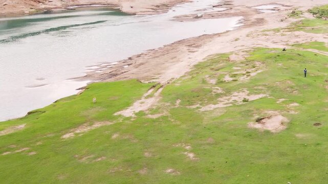 Grassy riverbank with dry river at drought season, sandy patches beside shallow water in an aerial view in Bangladesh