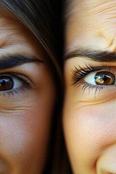 Dual Portrait of Female Faces with Frowning and Relaxed Expressions Showing Subtle Skin Texture
