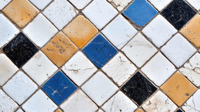 Bright Moroccan tile pattern featuring mix of blue, black, white, and yellow colors, creating vibrant and artistic design