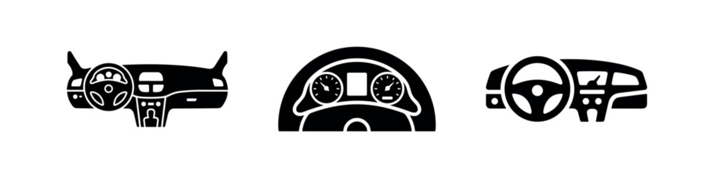 Car dashboard and steering wheel icons set. Vehicle interior and driving concept.