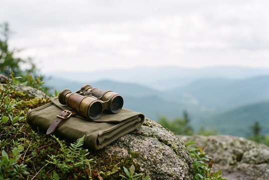 Antique brass binoculars resting on canvas map case with hazy mountain landscape