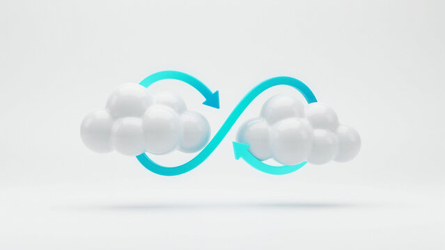 Modern illustration showing data synchronization between two cloud icons with circular arrows