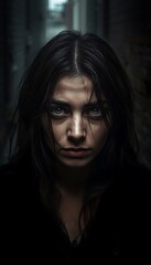 Fototapeta premium Portrait of a young woman with dirty face and intense gaze in dark cinematic lighting